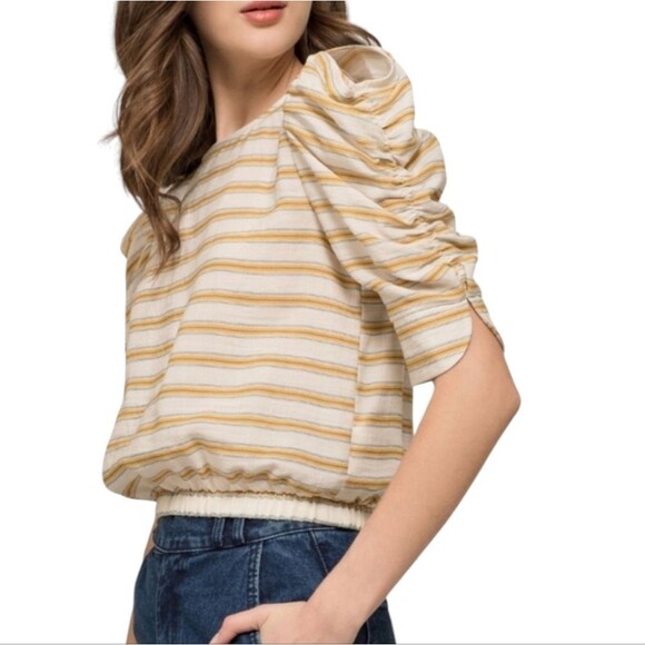 Anthro Moon River Linen Puffed Sleeve Top Crop Elastic Waist Yellow Stripe L - Picture 12 of 14